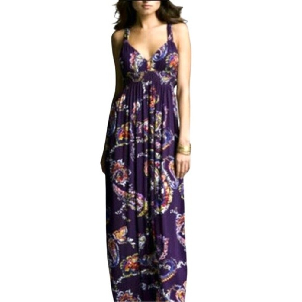 Express plum purple paisley smocked empire waist maxi dress size XS